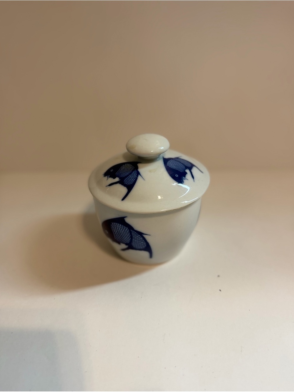 Vintage W&R Durable Chinaware Blue White Fish Lidded Jar Condiment Pot